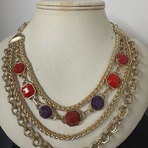 Gold-Tone Multi-Chain Necklace with Red and Purple Stones